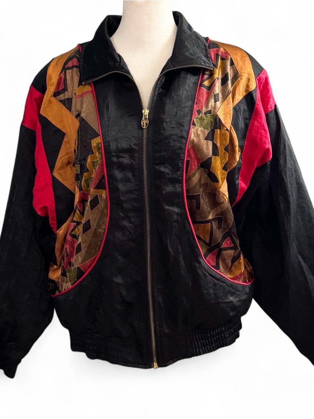 Vintage 90s Lavon Petites Windbreaker | Black Geometric Abstract Print | Sz PS